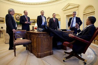 Obama props his feet up on the Resolute Desk